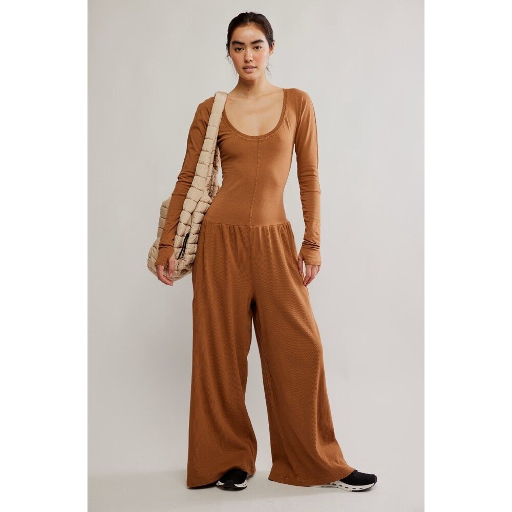 NEW FREE PEOPLE MOVEMENT HOT SHOT WIDE LEG JUMPSUIT SMALL CAMEL